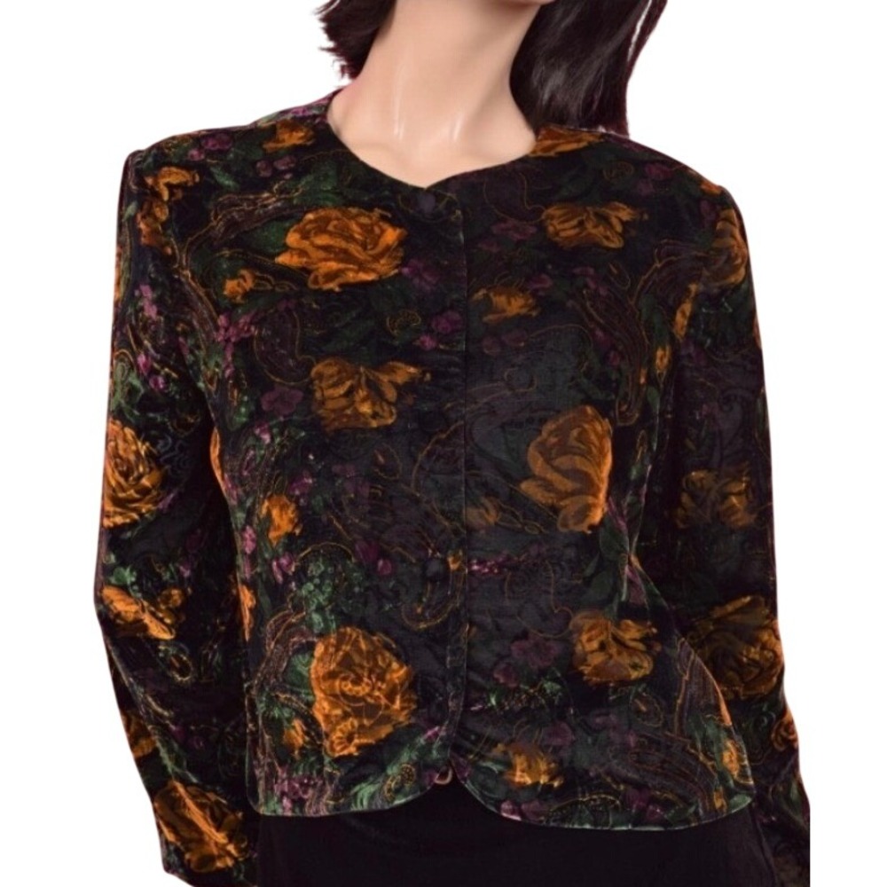 90s Norton McNaughton Velvet Floral Paisley Jacket 8 Black Gold Green